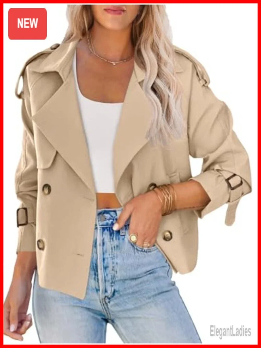 Women's Crop Double Breasted Trench Coat with Pockets, Windproof